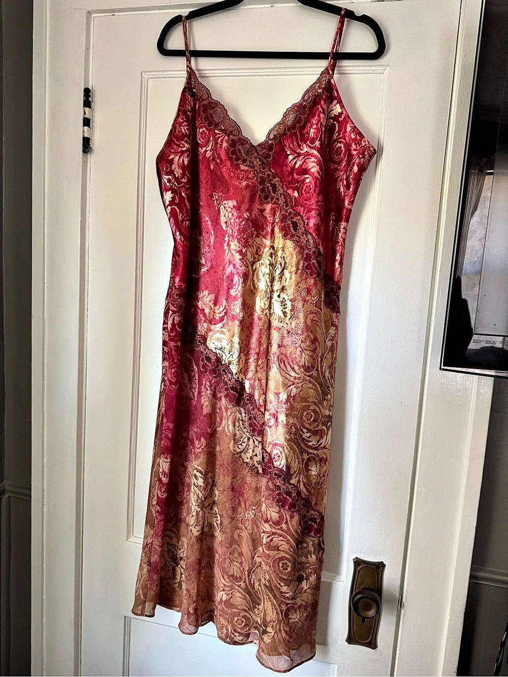 California Dynasty Paisley Lace Trim Slip Dress in Red & Gold XL